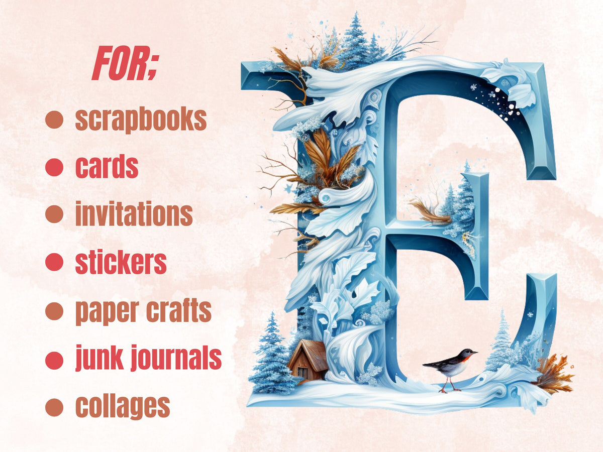 26 PNG Watercolour Winter Alphabet Clipart, Snowy Letters Clip art, Winter Wonderland Font png, Christmas Floral Alphabet Sublimation