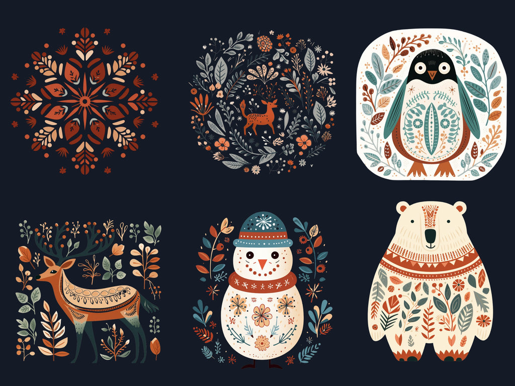 58 PNG Watercolour Scandinavian Winter Clipart, Snowy Winter Folk Art Illustrations Clip art, Winter Holiday png, Nordic Christmas Ornaments