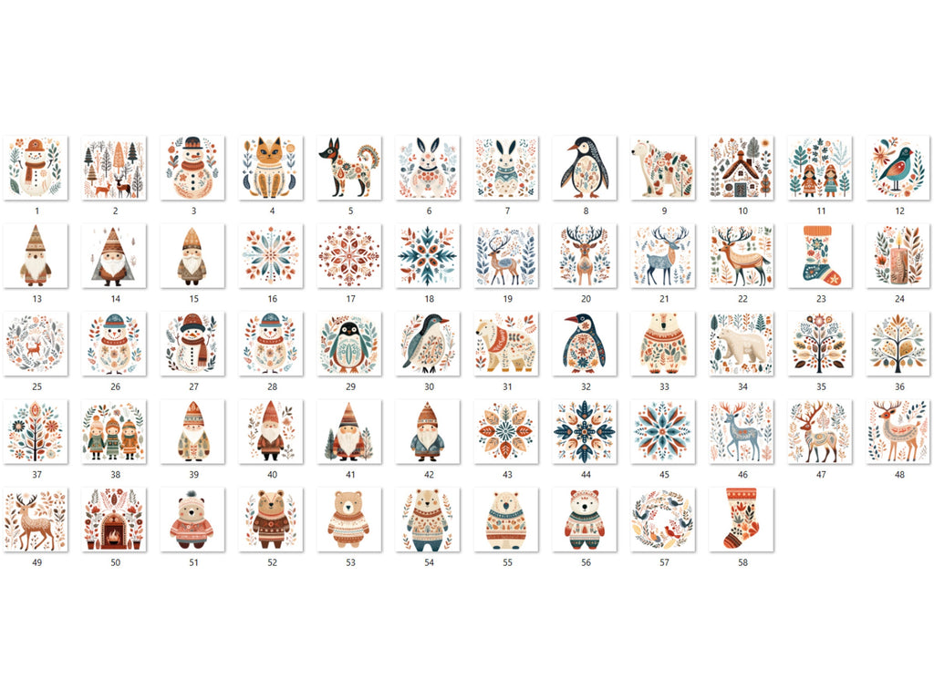 58 PNG Watercolour Scandinavian Winter Clipart, Snowy Winter Folk Art Illustrations Clip art, Winter Holiday png, Nordic Christmas Ornaments