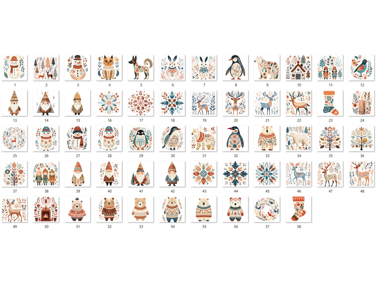 58 PNG Watercolour Scandinavian Winter Clipart, Snowy Winter Folk Art Illustrations Clip art, Winter Holiday png, Nordic Christmas Ornaments
