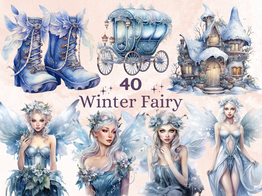 40 PNG Watercolor Winter Fairy Clipart, Cozy Winter Forest Illustrations Clip art, Fantasy Winter Woman Png, Winter Woodland Sublimation