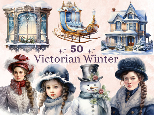 50 PNG Watercolor Victorian Winter Clipart, Vintage Winter Illustrations Clip art, Winter Wonderland Png, Retro Snowy Scenes Sublimation