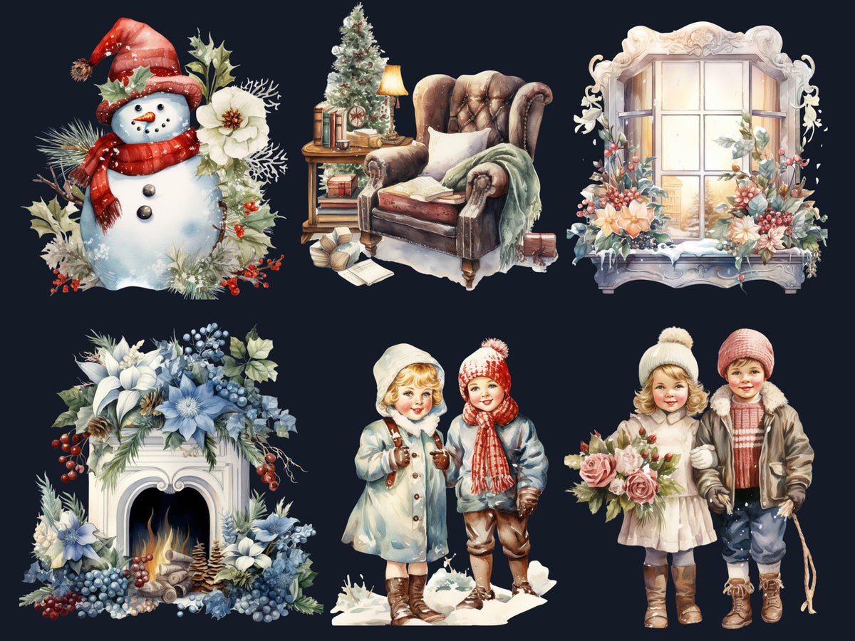 65 PNG Watercolor Vintage Winter Clipart, Old Winter Illustrations Clip art, Vintage Winter Wonderland Png, Retro Snowy Scenes Sublimation