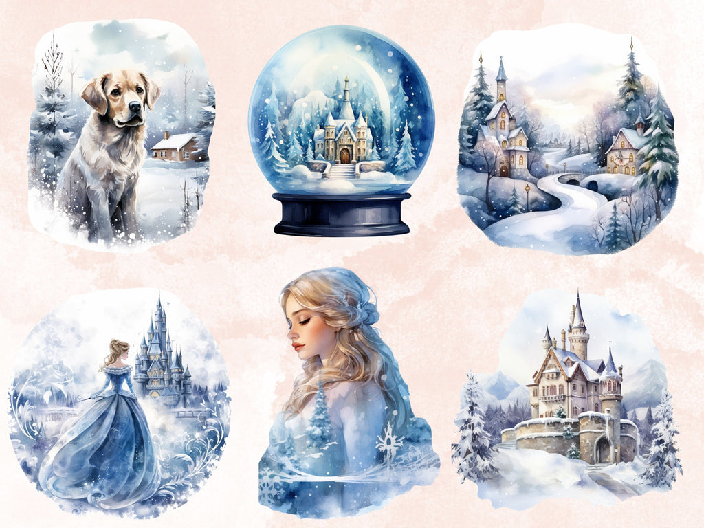 45 PNG Watercolor Winter Wonderland Clipart, Fantasy Winter Illustrations Clip art, Fairytale Winter Princess Png, Snowy Scenes Sublimation