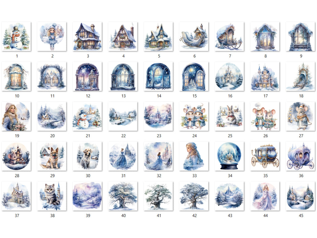 45 PNG Watercolor Winter Wonderland Clipart, Fantasy Winter Illustrations Clip art, Fairytale Winter Princess Png, Snowy Scenes Sublimation