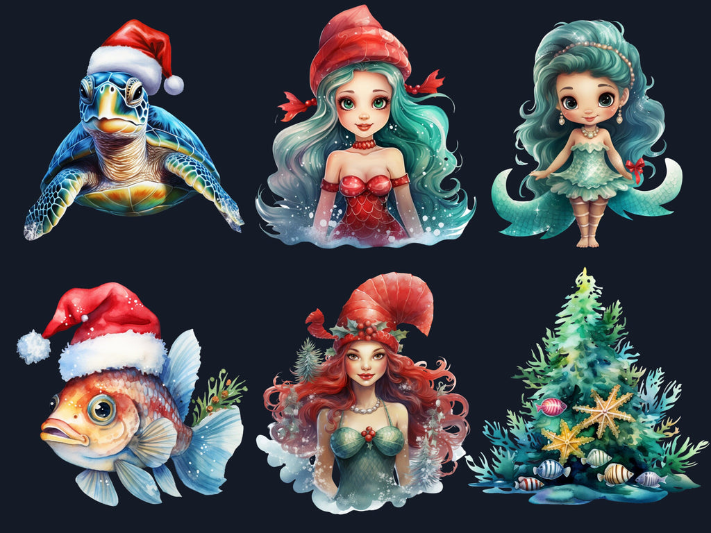 40 PNG Watercolour Christmas Mermaid Clipart, Christmas Underwater Illustrations Clip art, Winter png, Under the Sea Xmas Noel Ornaments