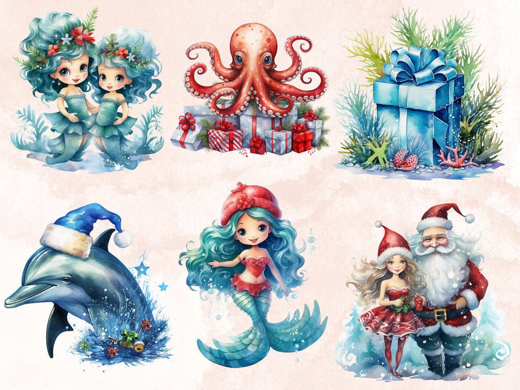 40 PNG Watercolour Christmas Mermaid Clipart, Christmas Underwater Illustrations Clip art, Winter png, Under the Sea Xmas Noel Ornaments