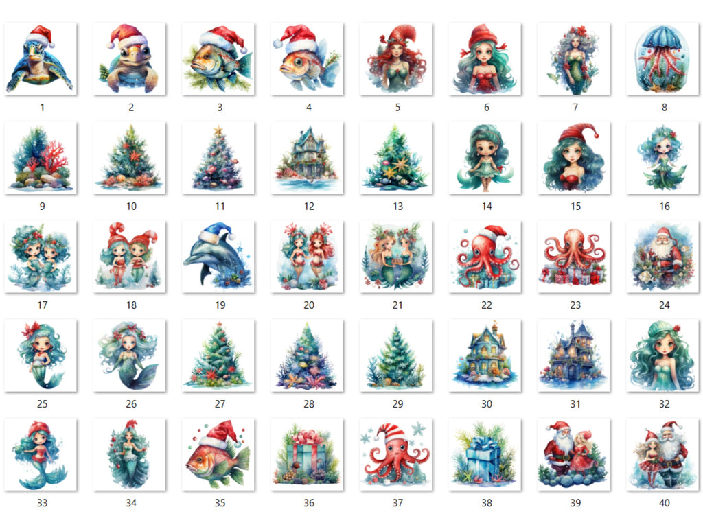 40 PNG Watercolour Christmas Mermaid Clipart, Christmas Underwater Illustrations Clip art, Winter png, Under the Sea Xmas Noel Ornaments