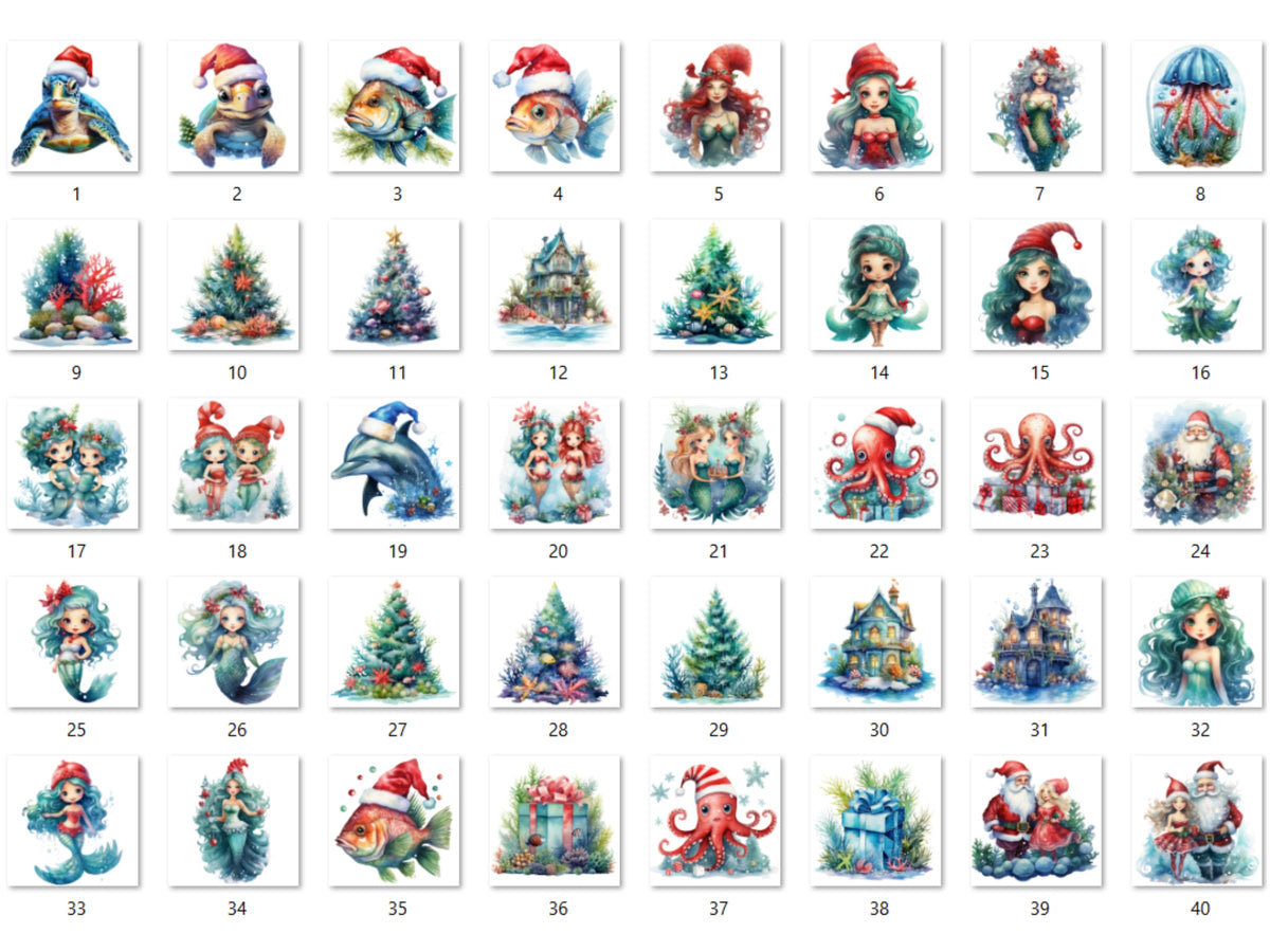 40 PNG Watercolour Christmas Mermaid Clipart, Christmas Underwater Illustrations Clip art, Winter png, Under the Sea Xmas Noel Ornaments