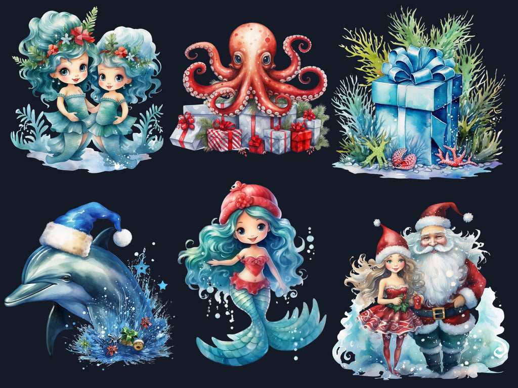 40 PNG Watercolour Christmas Mermaid Clipart, Christmas Underwater Illustrations Clip art, Winter png, Under the Sea Xmas Noel Ornaments