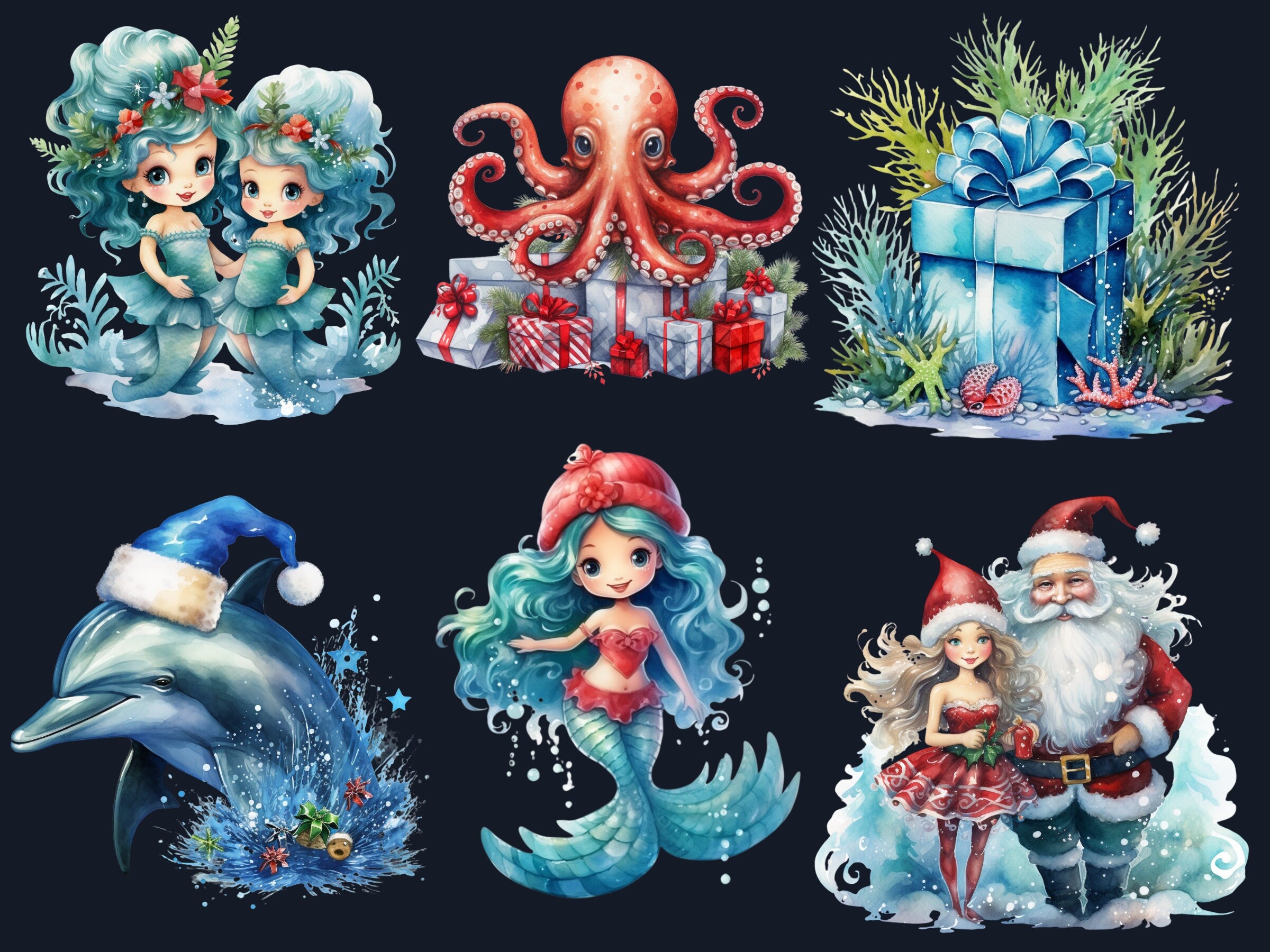 40 PNG Watercolour Christmas Mermaid Clipart, Christmas Underwater Illustrations Clip art, Winter png, Under the Sea Xmas Noel Ornaments