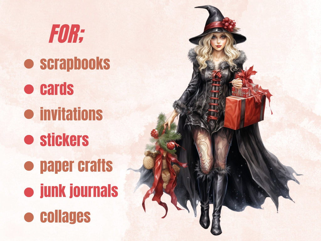 38 PNG Watercolour Christmas Witch Clipart, Gothic Christmas Illustrations Clip art, Winter png, Witchcraft Xmas Noel Ornaments