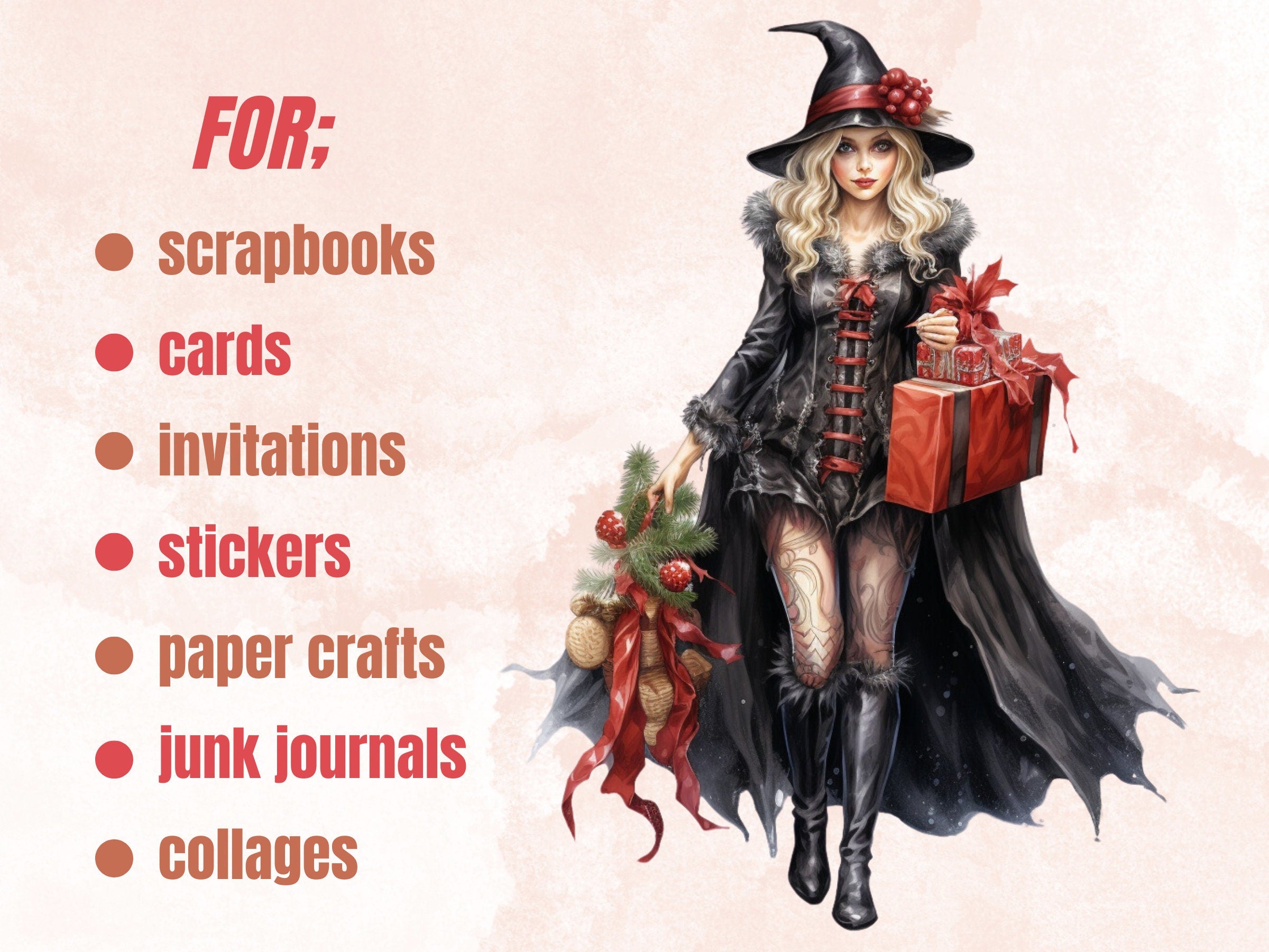 38 PNG Watercolour Christmas Witch Clipart, Gothic Christmas Illustrations Clip art, Winter png, Witchcraft Xmas Noel Ornaments
