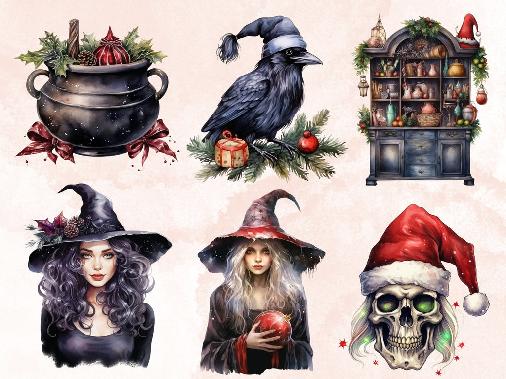 38 PNG Watercolour Christmas Witch Clipart, Gothic Christmas Illustrations Clip art, Winter png, Witchcraft Xmas Noel Ornaments