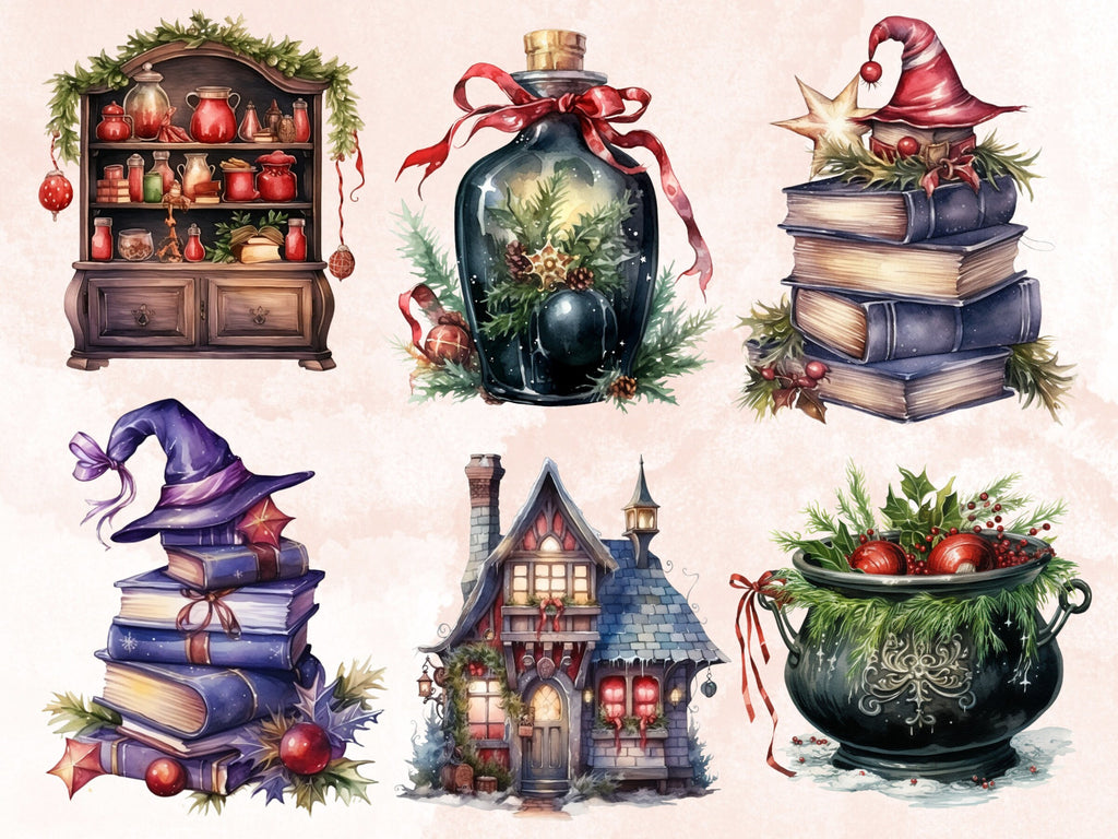 38 PNG Watercolour Christmas Witch Clipart, Gothic Christmas Illustrations Clip art, Winter png, Witchcraft Xmas Noel Ornaments