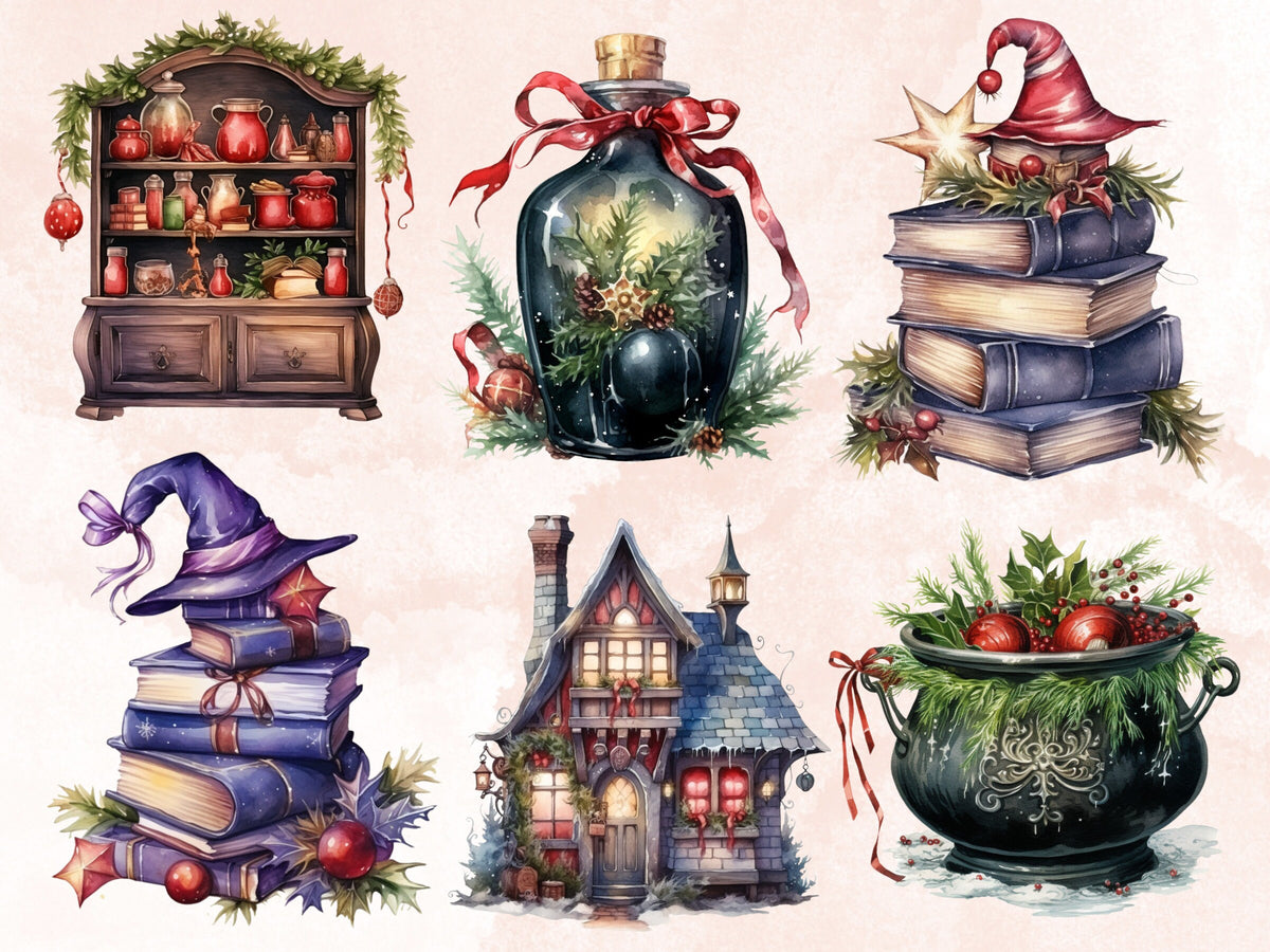 38 PNG Watercolour Christmas Witch Clipart, Gothic Christmas Illustrations Clip art, Winter png, Witchcraft Xmas Noel Ornaments