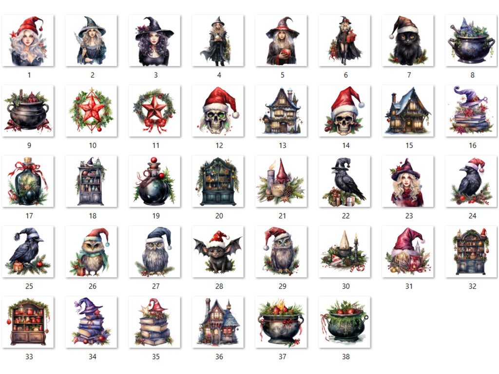 38 PNG Watercolour Christmas Witch Clipart, Gothic Christmas Illustrations Clip art, Winter png, Witchcraft Xmas Noel Ornaments