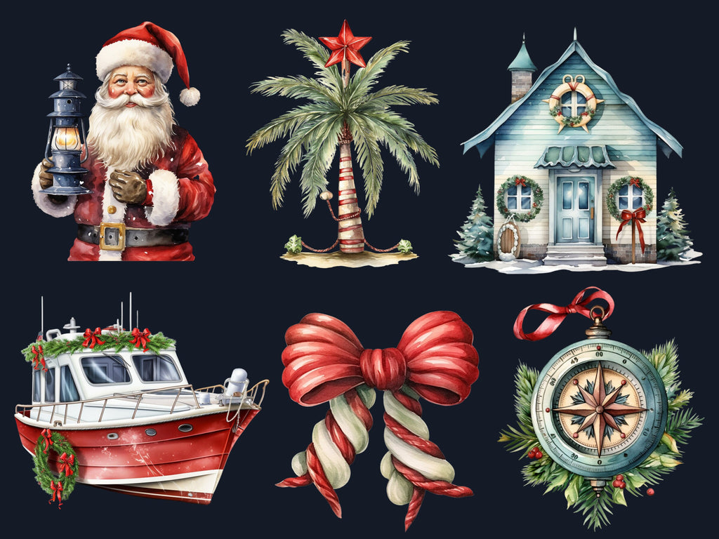 50 PNG Watercolour Nautical Christmas Clipart, Ocean Sea Christmas Illustrations Clip art, Winter png, Marine Sailing Xmas Noel Ornaments