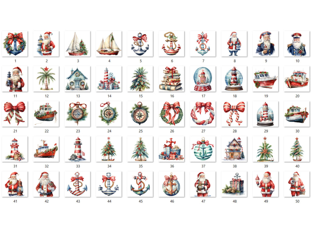 50 PNG Watercolour Nautical Christmas Clipart, Ocean Sea Christmas Illustrations Clip art, Winter png, Marine Sailing Xmas Noel Ornaments
