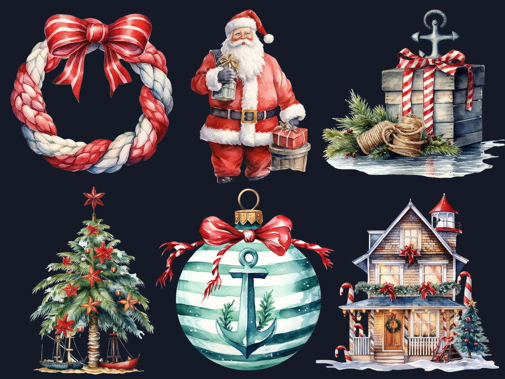 50 PNG Watercolour Nautical Christmas Clipart, Ocean Sea Christmas Illustrations Clip art, Winter png, Marine Sailing Xmas Noel Ornaments