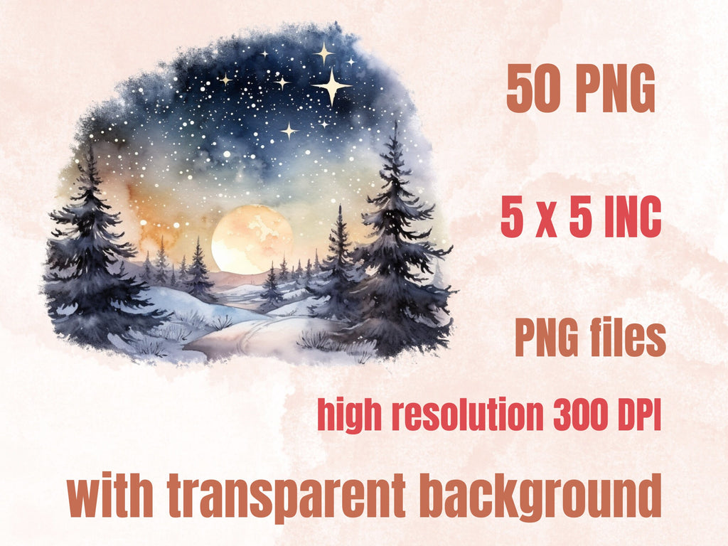50 PNG Watercolour Celestial Christmas Clipart, Fantasy Christmas Sky Illustrations Clip art, Winter png, Starry Night Xmas Noel Ornaments