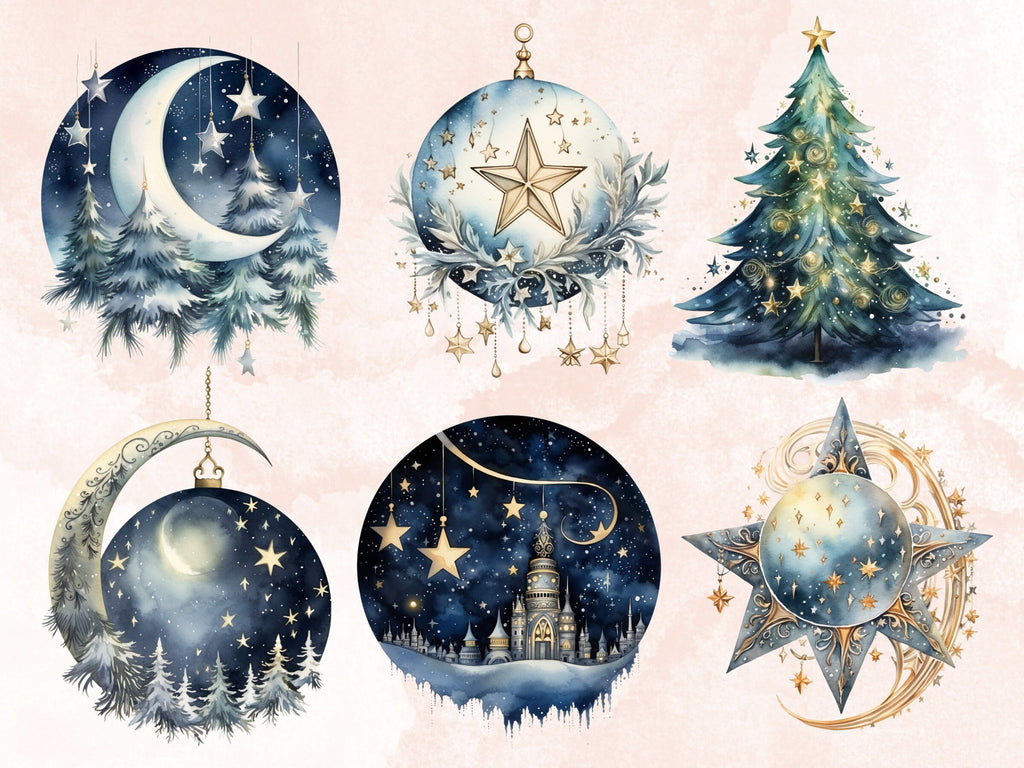 50 PNG Watercolour Celestial Christmas Clipart, Fantasy Christmas Sky Illustrations Clip art, Winter png, Starry Night Xmas Noel Ornaments