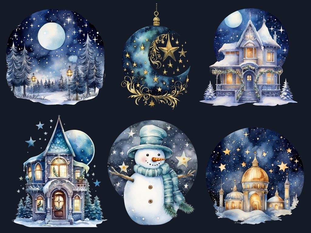 50 PNG Watercolour Celestial Christmas Clipart, Fantasy Christmas Sky Illustrations Clip art, Winter png, Starry Night Xmas Noel Ornaments