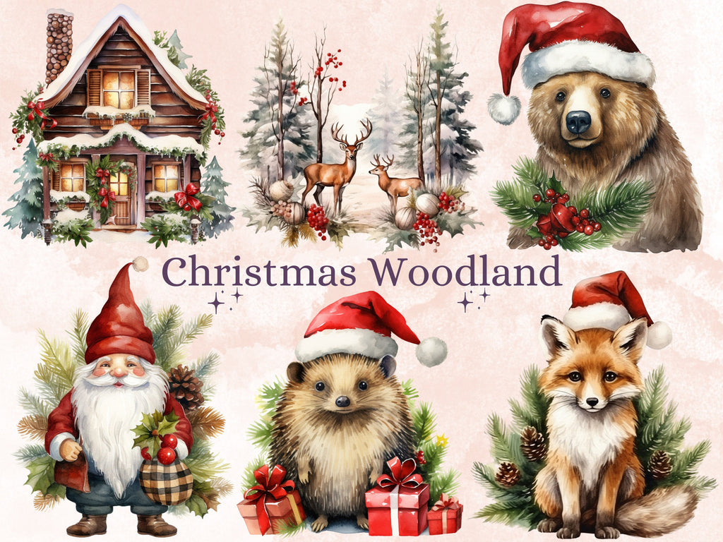42 PNG Watercolour Christmas Woodland Clipart, Christmas Forest Illustrations Clip art, Winter Woodland Animals png, Xmas Noel Ornaments