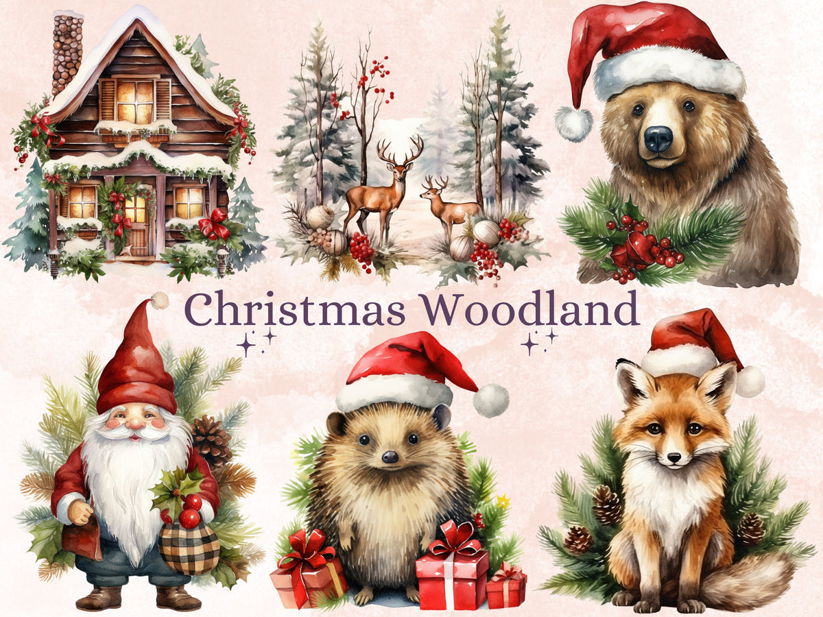 42 PNG Watercolour Christmas Woodland Clipart, Christmas Forest Illustrations Clip art, Winter Woodland Animals png, Xmas Noel Ornaments
