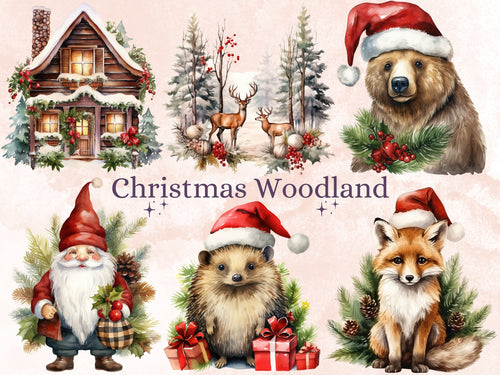 42 PNG Watercolour Christmas Woodland Clipart, Christmas Forest Illustrations Clip art, Winter Woodland Animals png, Xmas Noel Ornaments