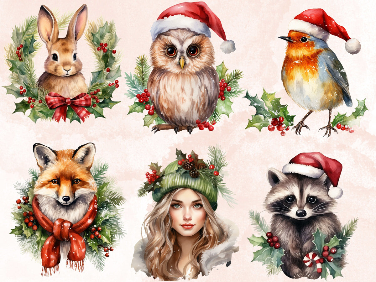 42 PNG Watercolour Christmas Woodland Clipart, Christmas Forest Illustrations Clip art, Winter Woodland Animals png, Xmas Noel Ornaments