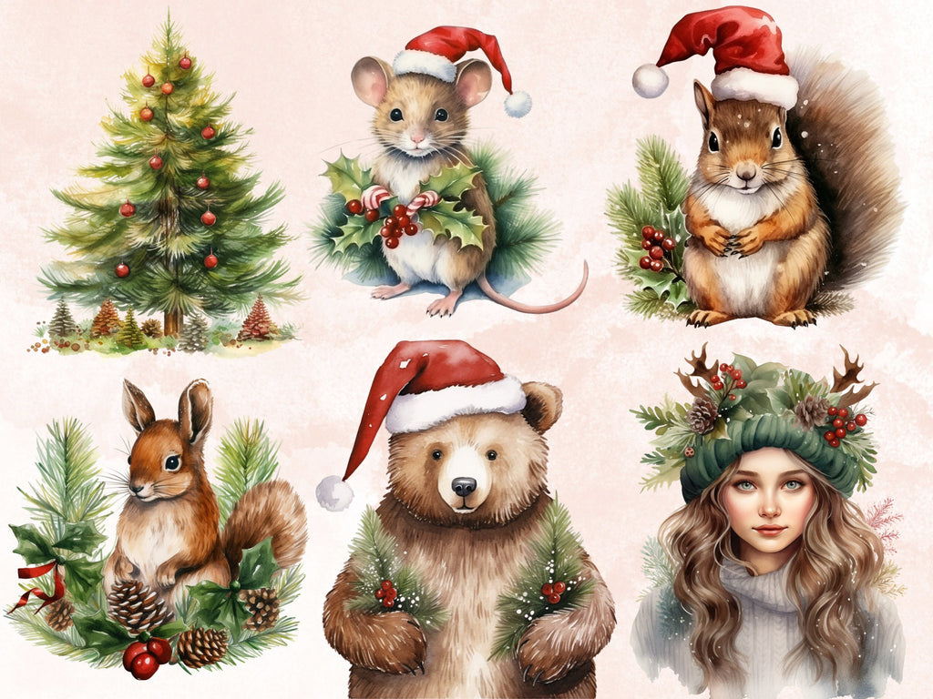 42 PNG Watercolour Christmas Woodland Clipart, Christmas Forest Illustrations Clip art, Winter Woodland Animals png, Xmas Noel Ornaments