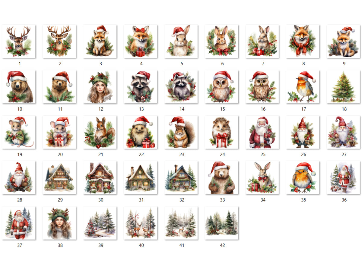 42 PNG Watercolour Christmas Woodland Clipart, Christmas Forest Illustrations Clip art, Winter Woodland Animals png, Xmas Noel Ornaments