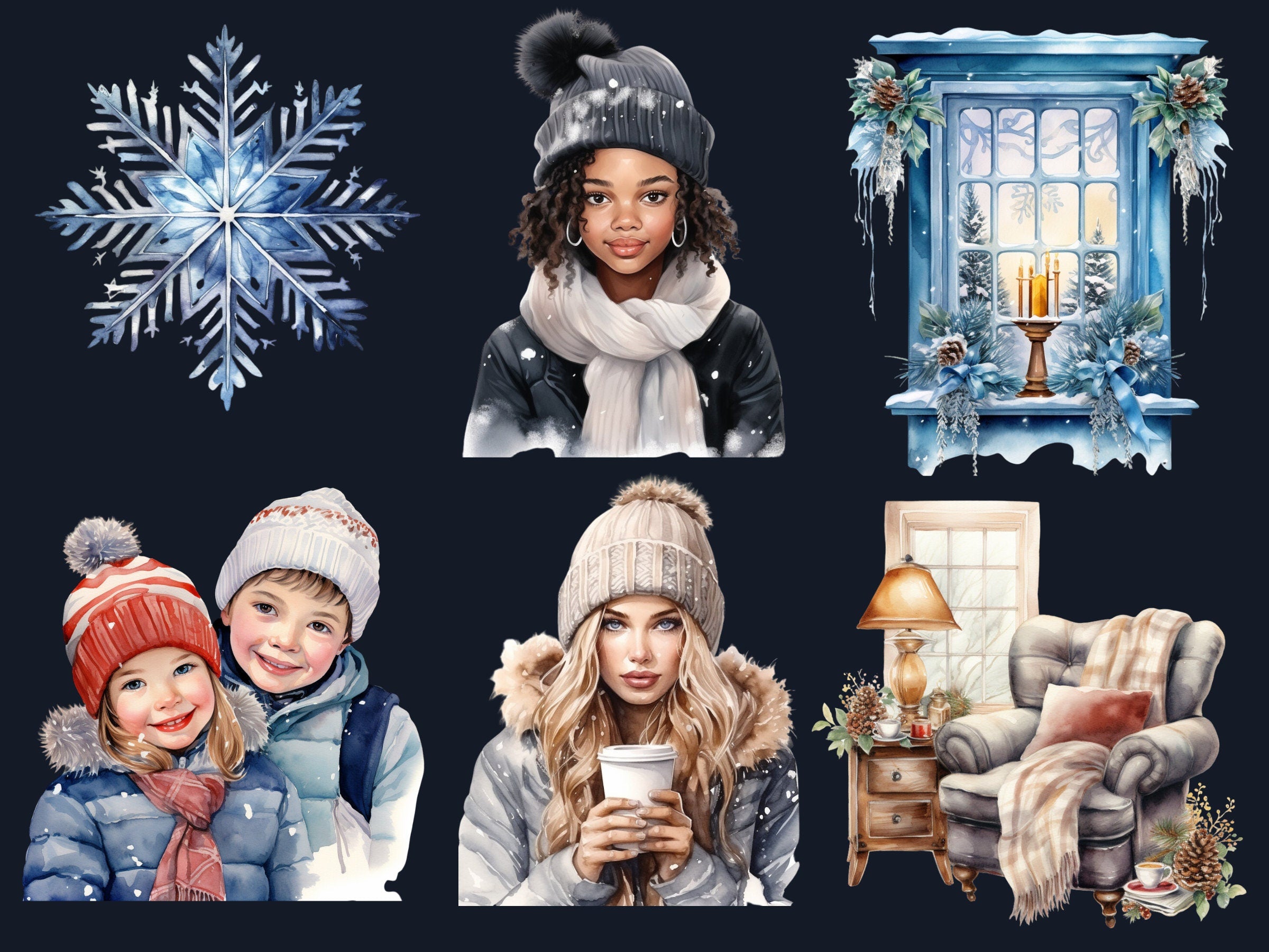 130 PNG Watercolor Winter Big Bundle Clipart, Snowy Forest Landscape Illustrations Clip art, Cozy Winter Wonderland Scenes Png Sublimation