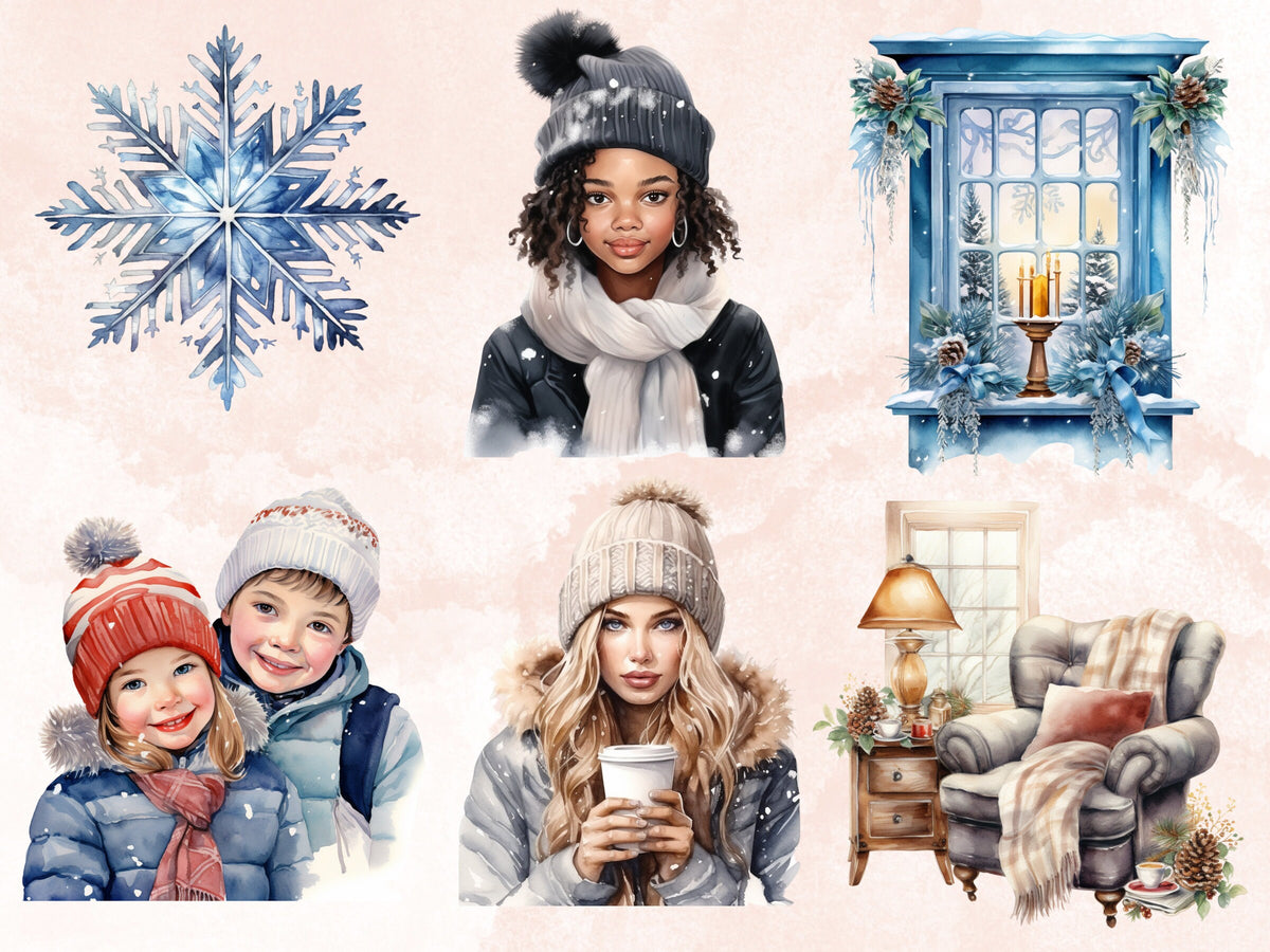 130 PNG Watercolor Winter Big Bundle Clipart, Snowy Forest Landscape Illustrations Clip art, Cozy Winter Wonderland Scenes Png Sublimation