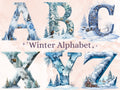 26 PNG Watercolour Winter Alphabet Clipart, Snowy Letters Clip art, Winter Wonderland Font png, Christmas Floral Alphabet Sublimation