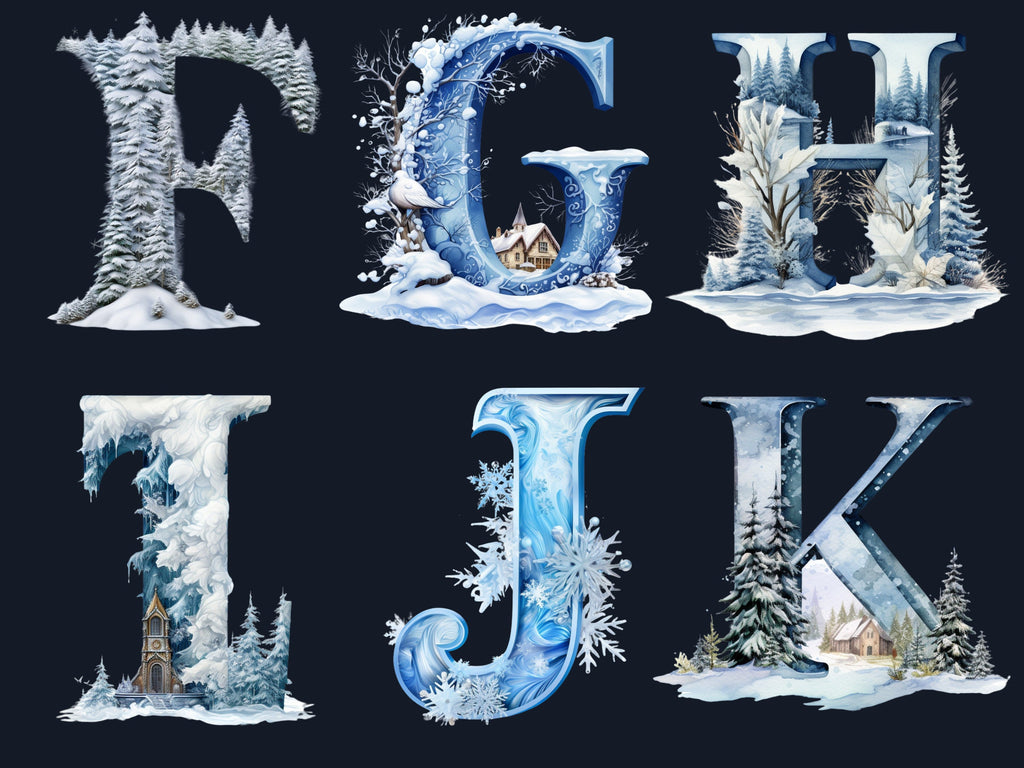 26 PNG Watercolour Winter Alphabet Clipart, Snowy Letters Clip art, Winter Wonderland Font png, Christmas Floral Alphabet Sublimation