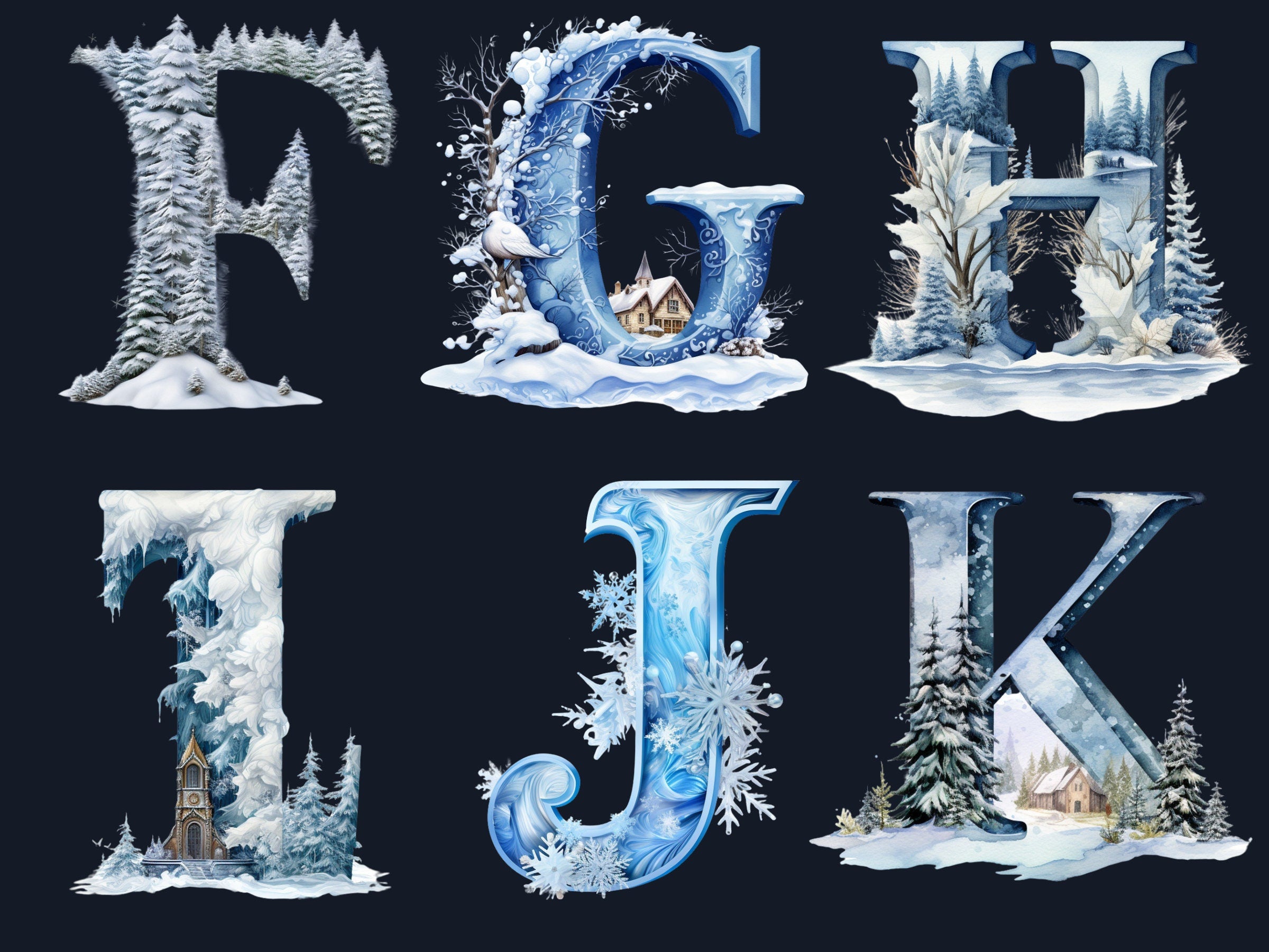 26 PNG Watercolour Winter Alphabet Clipart, Snowy Letters Clip art, Winter Wonderland Font png, Christmas Floral Alphabet Sublimation