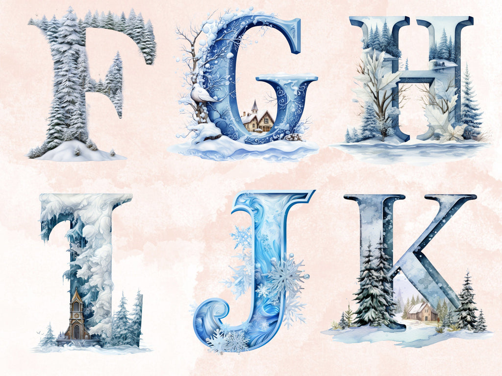 26 PNG Watercolour Winter Alphabet Clipart, Snowy Letters Clip art, Winter Wonderland Font png, Christmas Floral Alphabet Sublimation
