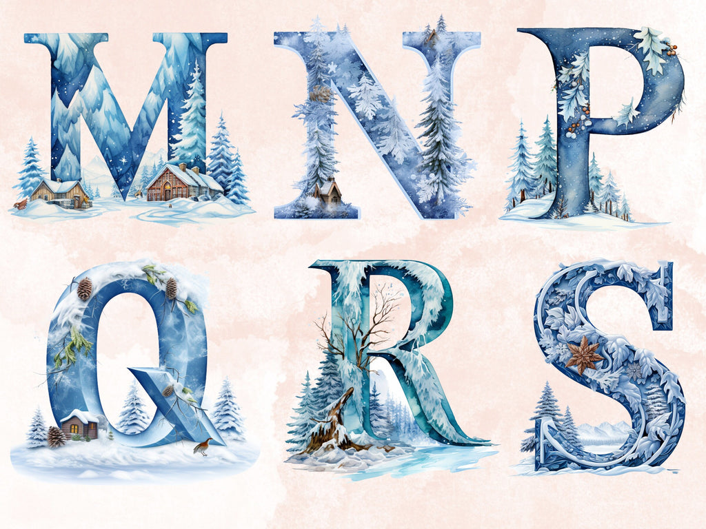 26 PNG Watercolour Winter Alphabet Clipart, Snowy Letters Clip art, Winter Wonderland Font png, Christmas Floral Alphabet Sublimation