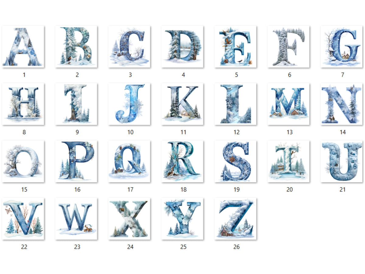 26 PNG Watercolour Winter Alphabet Clipart, Snowy Letters Clip art, Winter Wonderland Font png, Christmas Floral Alphabet Sublimation