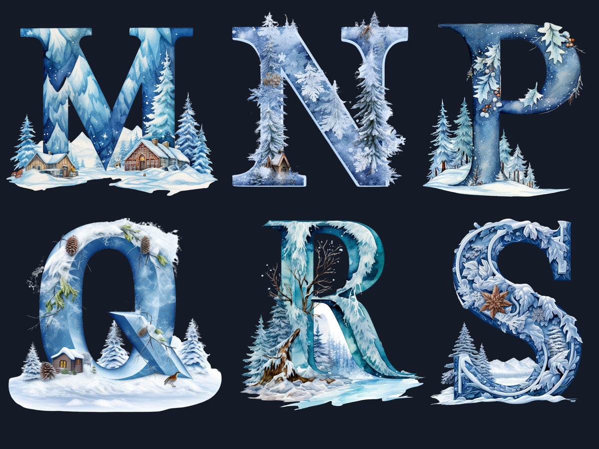 26 PNG Watercolour Winter Alphabet Clipart, Snowy Letters Clip art, Winter Wonderland Font png, Christmas Floral Alphabet Sublimation