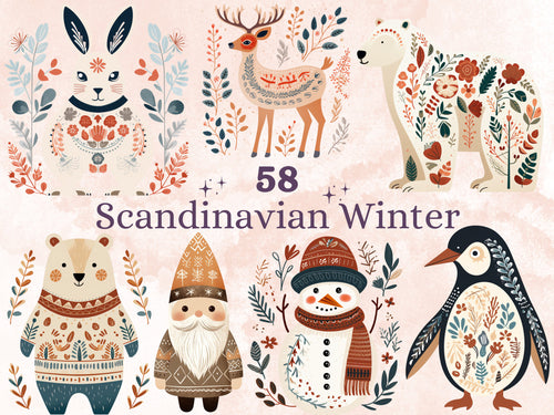 58 PNG Watercolour Scandinavian Winter Clipart, Snowy Winter Folk Art Illustrations Clip art, Winter Holiday png, Nordic Christmas Ornaments