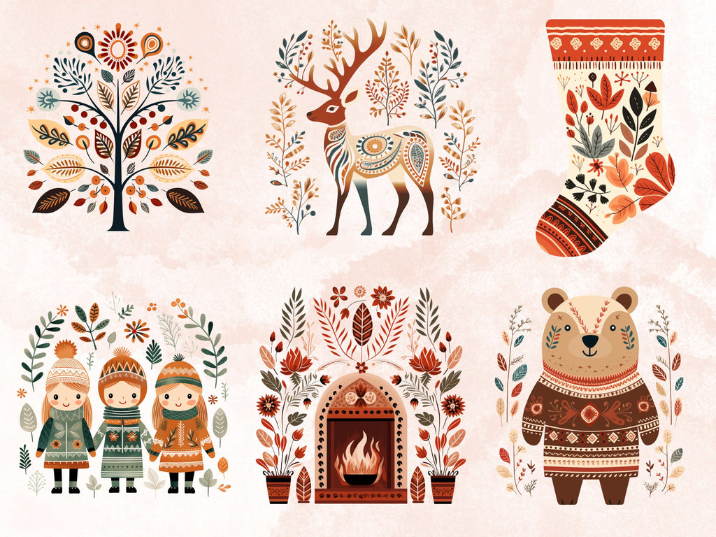 58 PNG Watercolour Scandinavian Winter Clipart, Snowy Winter Folk Art Illustrations Clip art, Winter Holiday png, Nordic Christmas Ornaments