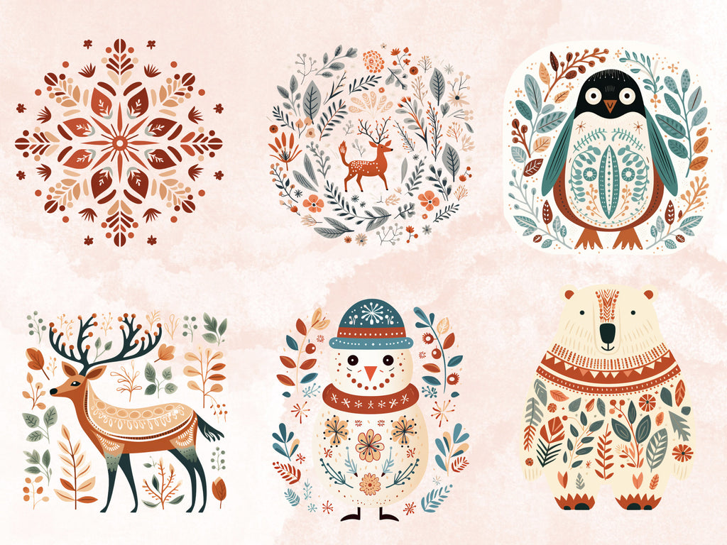 58 PNG Watercolour Scandinavian Winter Clipart, Snowy Winter Folk Art Illustrations Clip art, Winter Holiday png, Nordic Christmas Ornaments