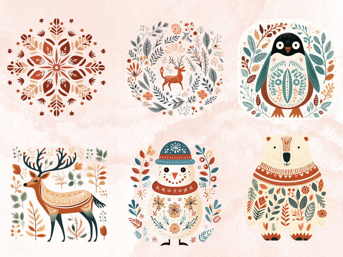 58 PNG Watercolour Scandinavian Winter Clipart, Snowy Winter Folk Art Illustrations Clip art, Winter Holiday png, Nordic Christmas Ornaments