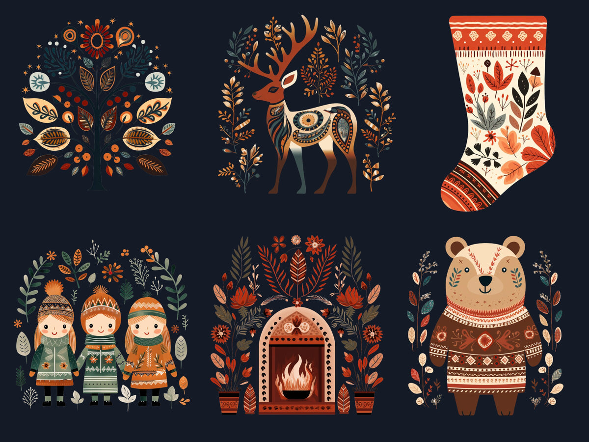 58 PNG Watercolour Scandinavian Winter Clipart, Snowy Winter Folk Art Illustrations Clip art, Winter Holiday png, Nordic Christmas Ornaments
