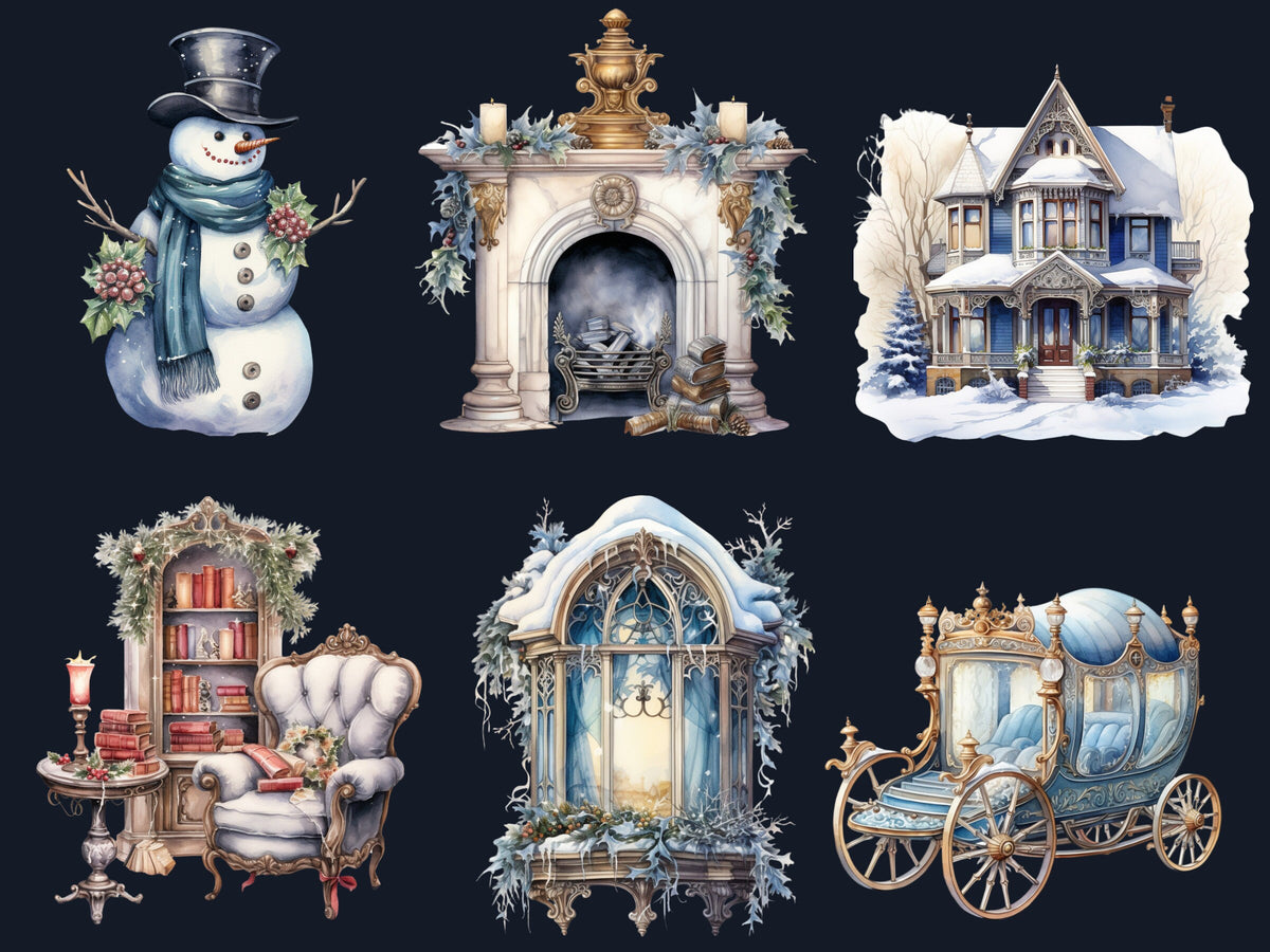 50 PNG Watercolor Victorian Winter Clipart, Vintage Winter Illustrations Clip art, Winter Wonderland Png, Retro Snowy Scenes Sublimation