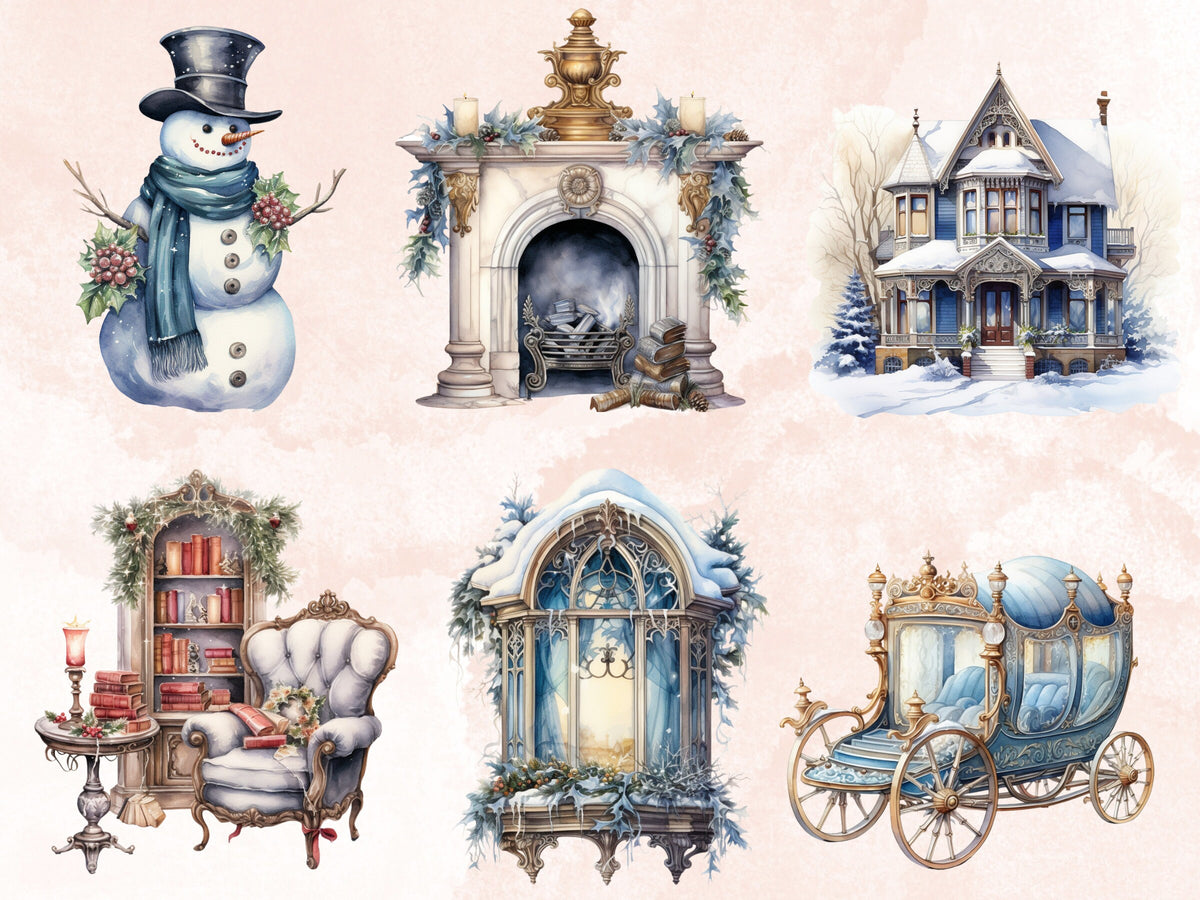 50 PNG Watercolor Victorian Winter Clipart, Vintage Winter Illustrations Clip art, Winter Wonderland Png, Retro Snowy Scenes Sublimation