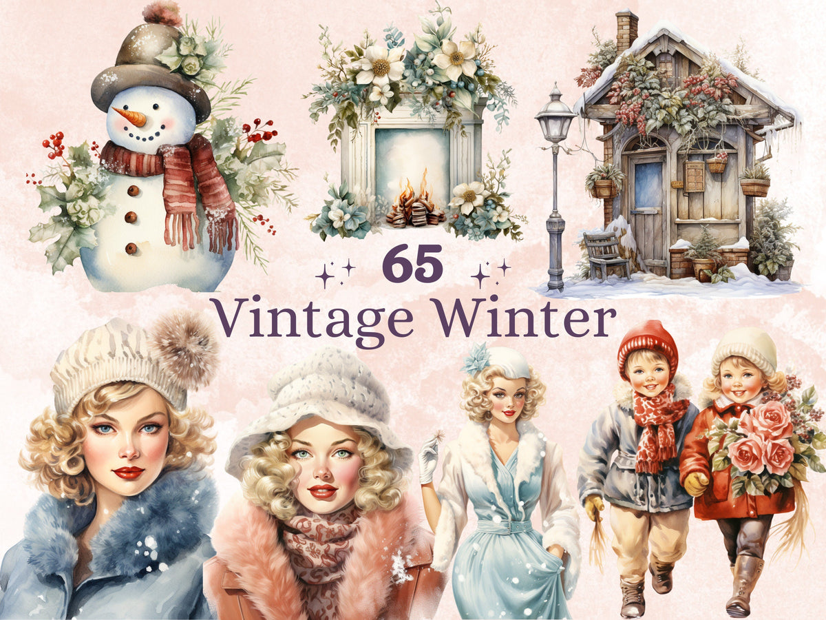 65 PNG Watercolor Vintage Winter Clipart, Old Winter Illustrations Clip art, Vintage Winter Wonderland Png, Retro Snowy Scenes Sublimation